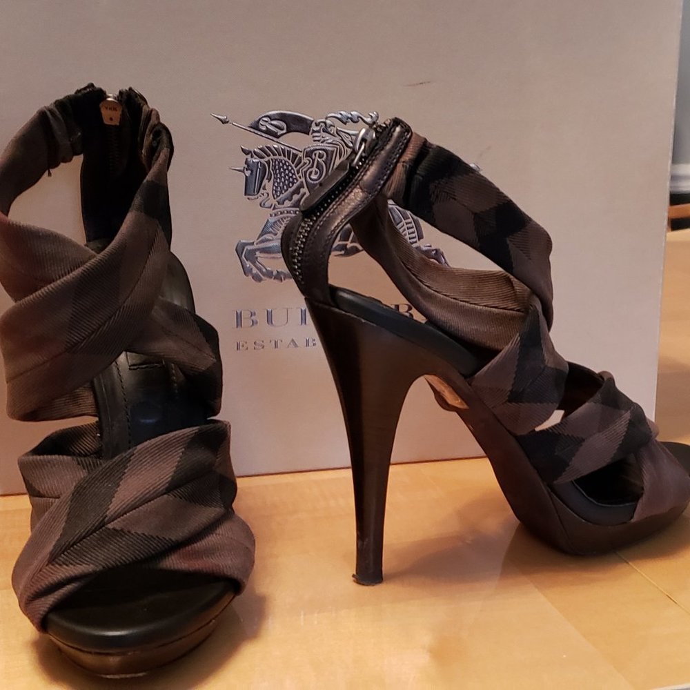 Burberry Black and Brown Plaid High Heel Sandals